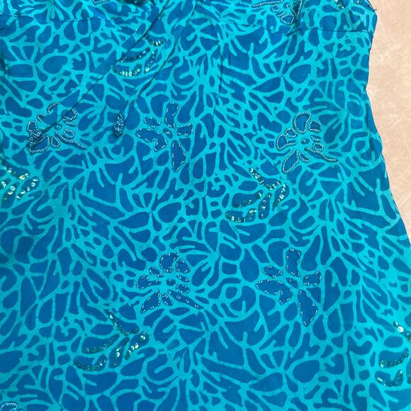 Vintage Y2K Tropical Tantrum Floral Leaf Print Beaded Sequin Mini Dress Blue - Picture 7 of 12